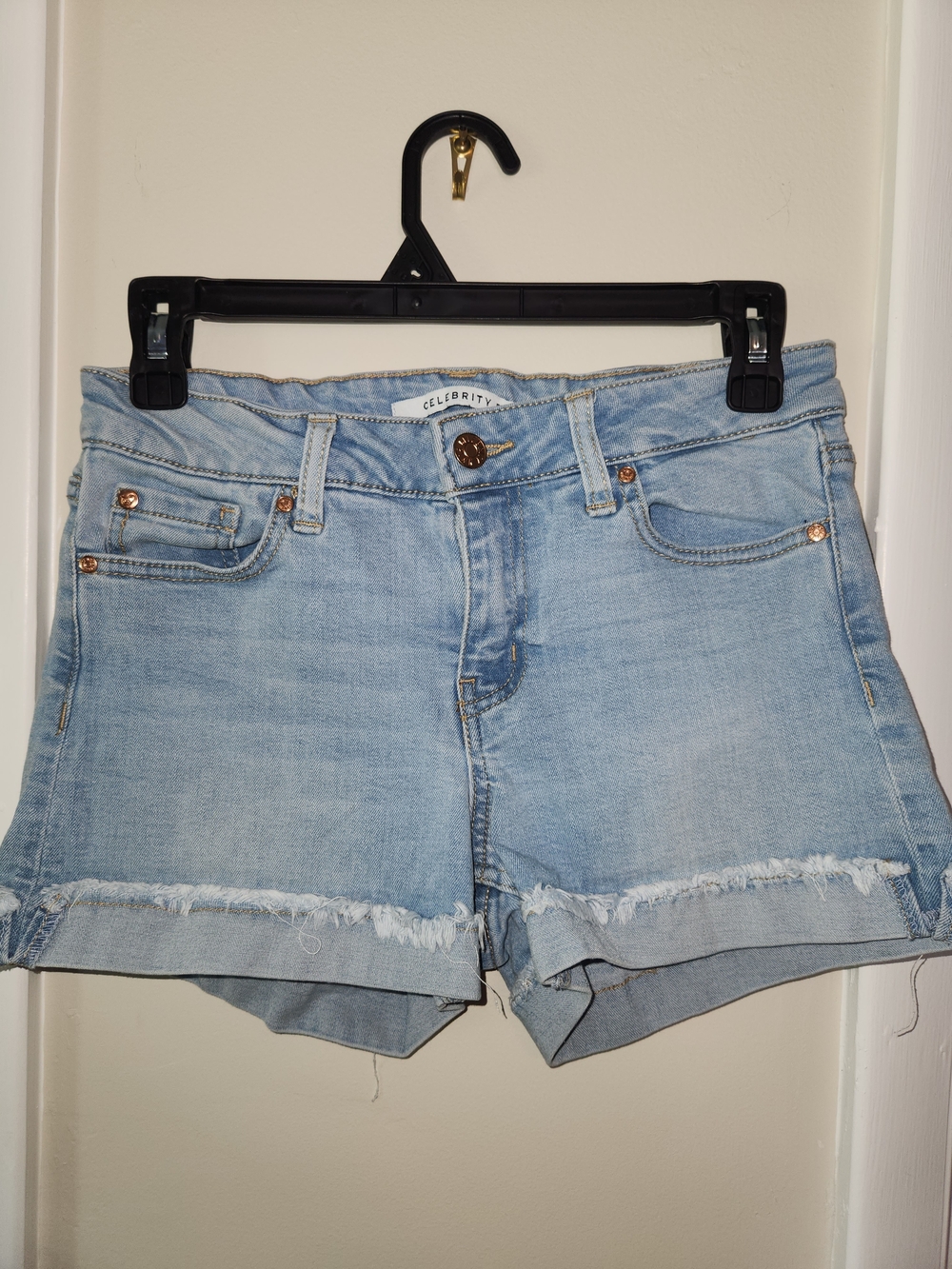 Celebrity Pink Light Blue Frayed Hem Denim Shorts
